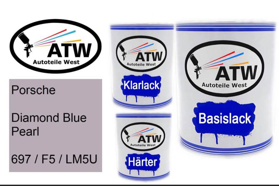 Porsche, Diamond Blue Pearl, 697 / F5 / LM5U: 1L Lackdose + 1L Klarlack + 500ml Härter - Set, von ATW Autoteile West.